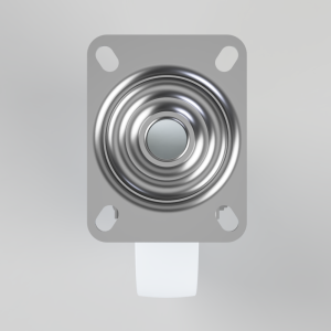 Push-button switch mounted on a gray square plate with four screw holes and a circular metal actuator in the center.
