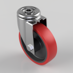 Swivel caster wheel with red polyurethane tire and metal mounting bracket seen from a diagonal angle