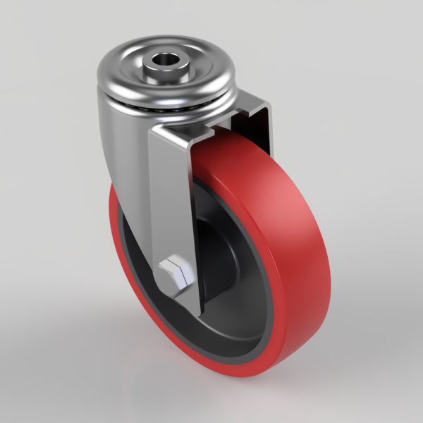 Swivel caster wheel with red polyurethane tire and metal mounting bracket seen from a diagonal angle