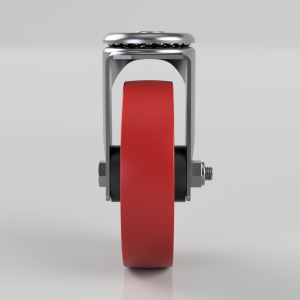 Red polyurethane caster wheel mounted on a chrome fork with bolts, shown in profile if viewed from the side.