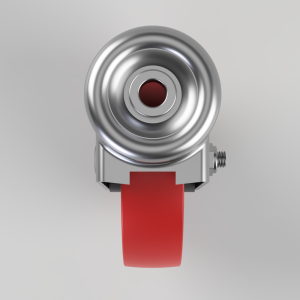 Metal rotary pulley with concentric rings and a red belt extending downward; part of an industrial clamp or roller system.