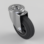 Swivel caster wheel with a black rubber tire and metal housing, showing the brake/lock bolt on the side.