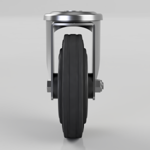 Front view of a heavy-duty caster wheel with a black rubber tire and silver metal frame, showing the axle and mount.
