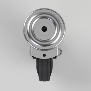 Front view of a heavy-duty metal wheel caster with a black rubber tire and silver housing, shown head-on.