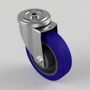 Swivel caster wheel with a blue polyurethane tire mounted on a metal bracket and axle bolt, shown from a side angle.