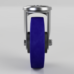 Front view of a heavy-duty caster wheel with a blue rubber tire and metal frame.