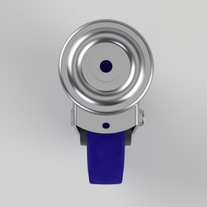 Front view of a shiny metallic circular housing mounted on a blue strap, viewed head-on.
