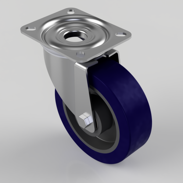 Swivel caster with a blue wheel and metal mounting plate, used to move furniture or equipment