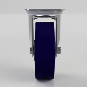 Front view of a heavy-duty caster wheel with a dark blue wheel and metal frame on a light grey background.