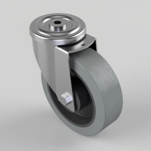 Swivel caster wheel with a gray polyurethane wheel and metal mounting bracket, shown in a 3D render.