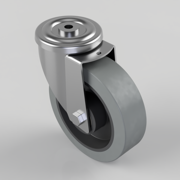 Swivel caster wheel with a gray polyurethane wheel and metal mounting bracket, shown in a 3D render.