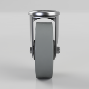 Front view of a gray caster wheel with metal housing and mounting bolts (industrial furniture cart wheel).