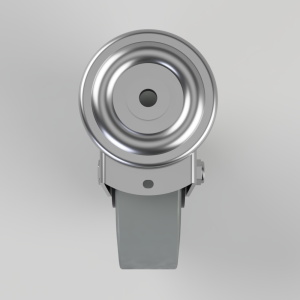 Front view of a shiny, circular metal dial with concentric rings mounted on a gray strap or band, resembling a mechanical wheel on a wearable mount.