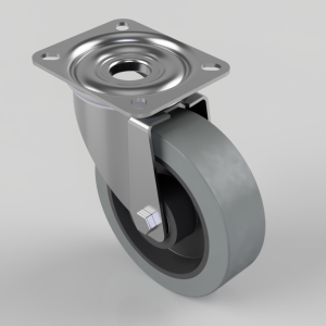 Swivel caster with a four-hole metal mounting plate and a gray polyurethane wheel, shown at an angle.