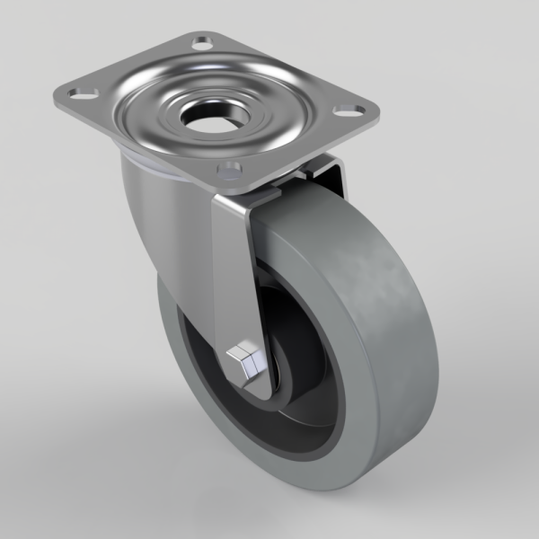 Swivel caster with a four-hole metal mounting plate and a gray polyurethane wheel, shown at an angle.