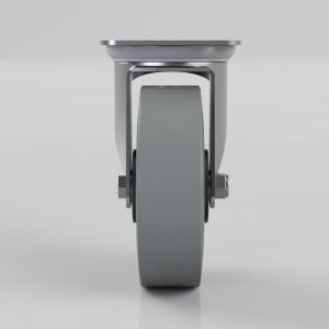 Front view of a gray hard rubber caster wheel with metal frame and mounting hardware, shown on a light gray background.