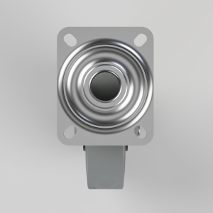 Close-up of a circular metallic push button on a square mounting plate with four corner holes and a protruding tab underneath; appears as a control switch.