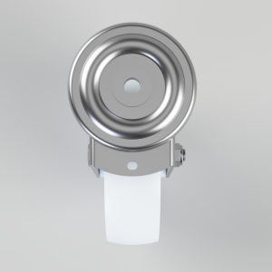 Front view of a shiny circular metal device mounted on a gray bracket with a white wristband, resembling a watch or wearable sensor.
