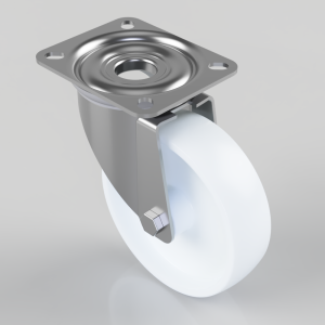 Caster wheel with square mounting plate and swivel bracket, white polyurethane wheel ready for installation suggestive of a furniture caster.