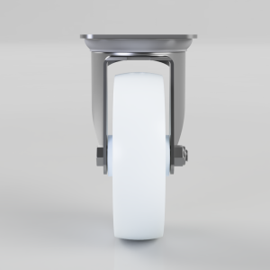 Front view of a metal swivel caster with a white wheel and side bolts, mounted on a dull gray frame.