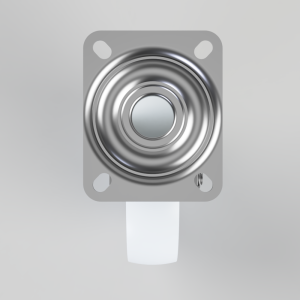 Square mounting plate with four corner holes and a central domed metal push button; white actuator extends downward.