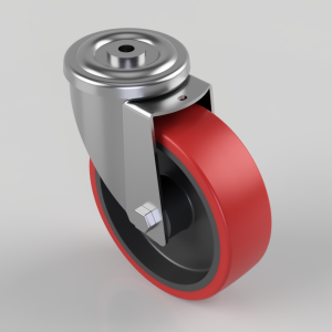 Swivel caster wheel with red polyurethane tire and metal mounting bracket for mobility fixtures.
