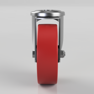 Single red polyurethane caster wheel mounted in a silver metal frame, viewed from the front.