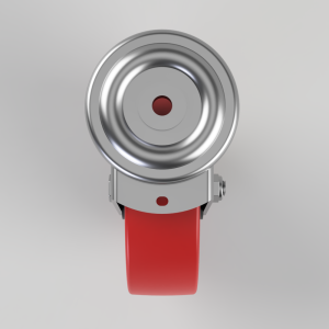 Front view of a chrome circular metal dial with concentric rings, mounted on a gray bracket with a red strap below.