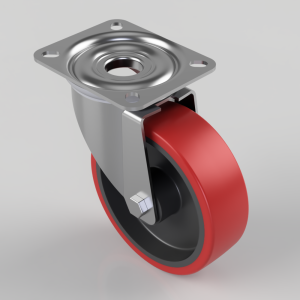 Swivel caster wheel with a red polyurethane tire and a square mounting plate for furniture or equipment.