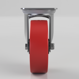 Front view of a red caster wheel with a gray metal bracket and mounting hardware.