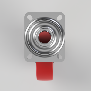 Red emergency stop button mounted on a gray metal plate/panel.