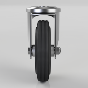 Front view of a large black rubber wheel mounted in a silver metal frame, resembling a heavy-duty caster or wheel hub