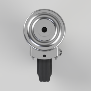 Front view of a metal swivel caster wheel with a black rubber tire and housing components, as used for furniture or equipment carts.