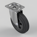 Industrial swivel caster wheel with a square mounting plate and black rubber wheel, mounted on a metal bracket.