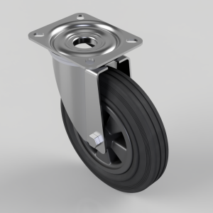 Industrial swivel caster wheel with a square mounting plate and black rubber wheel, mounted on a metal bracket.