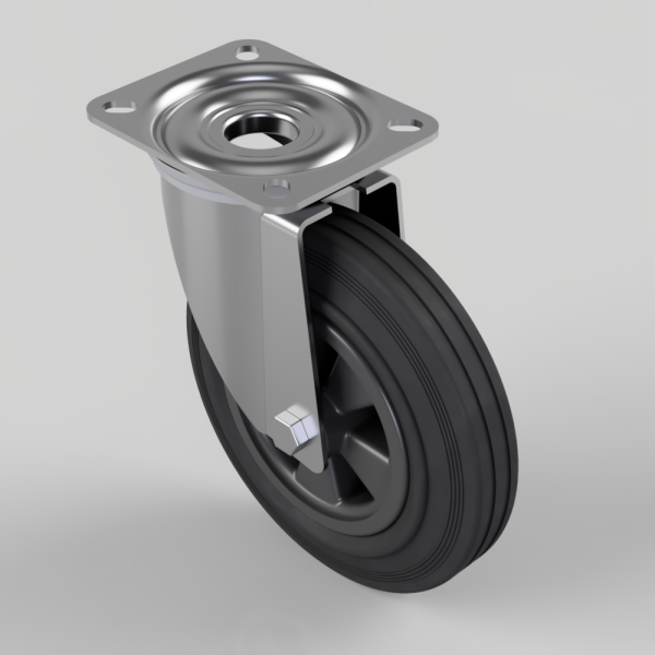 Industrial swivel caster wheel with a square mounting plate and black rubber wheel, mounted on a metal bracket.