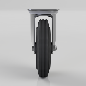 Front view of a single heavy-duty caster wheel with a black tire and gray metal frame.