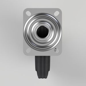 Front view of a metal mounting plate with four rounded corners and mounting holes, attached to a shiny circular bearing housing and a black ribbed wheel beneath (caster wheel).