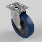 Swivel caster wheel with blue polyurethane tire and silver mounting plate with four holes on a gray background