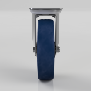 Front view of a metal caster wheel assembly with a dark blue rubber tire and light gray frame.
