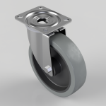 Swivel caster wheel with a square mounting plate and gray polyurethane wheel, metal bracket, and hub housing.