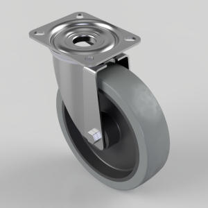 Swivel caster wheel with a square mounting plate and gray polyurethane wheel, metal bracket, and hub housing.