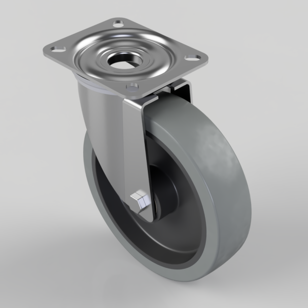 Swivel caster wheel with a square mounting plate and gray polyurethane wheel, metal bracket, and hub housing.
