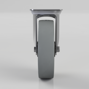 Front view of a gray polyurethane caster wheel with a metal mounting bracket, seen head-on to show the wheel and yoke.