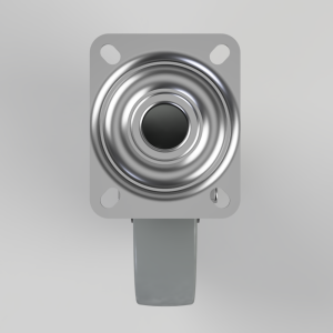 Square metal mounting plate with a circular, spiraled spring/diaphragm at the center and a gray strap hanging below. The plate has four screw holes near the corners, suggesting a mechanical switch or buzzer component.