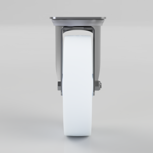 Front view of a modern gray metal device with a tall white curved panel in the center, seen head-on.
