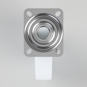 Close-up of a shiny metal circular spring mounted on a gray square plate with four rounded corners and four screw holes; a white strap extends downward from the bottom edge.