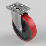 Metal swivel caster: square mounting plate with four holes, and a red polyurethane wheel mounted on a gray frame.