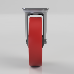 Front-facing view of a heavy-duty caster wheel with a red polyurethane wheel and gray metal mounting bracket.