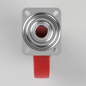 Push-button switch with a metal circular spring housing mounted on a gray plate and a red actuator extending downward
